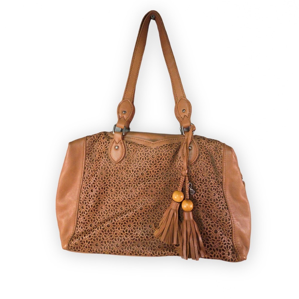 The Sak Tan Leather Satchel Bag Boho Tassel Laser Cut Handbag Womens Western